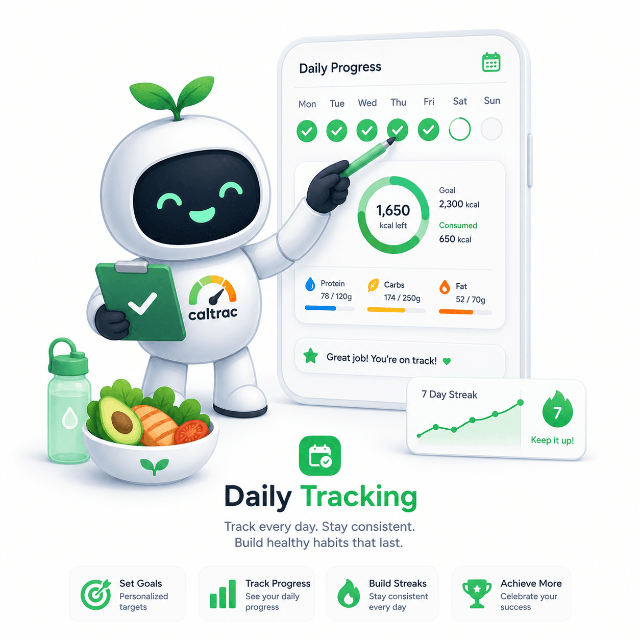 Daily Tracking — track goals, progress, and streaks every day.