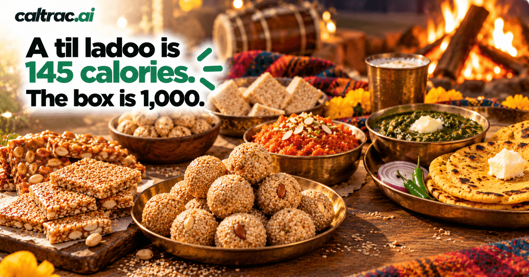 Winter Indian Foods by Calories: Gajak, Til Ladoo, Chikki, Gajar Halwa, Sarson ka Saag and Makki Roti