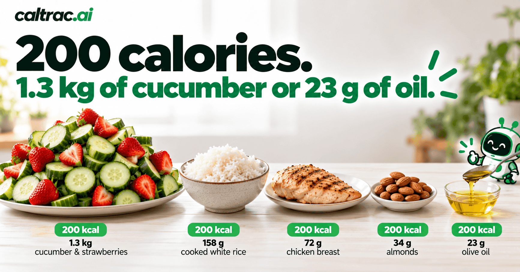 What 200 Calories Looks Like: 50 Foods by Weight, From 1.3 kg of Cucumber to 23 g of Olive Oil